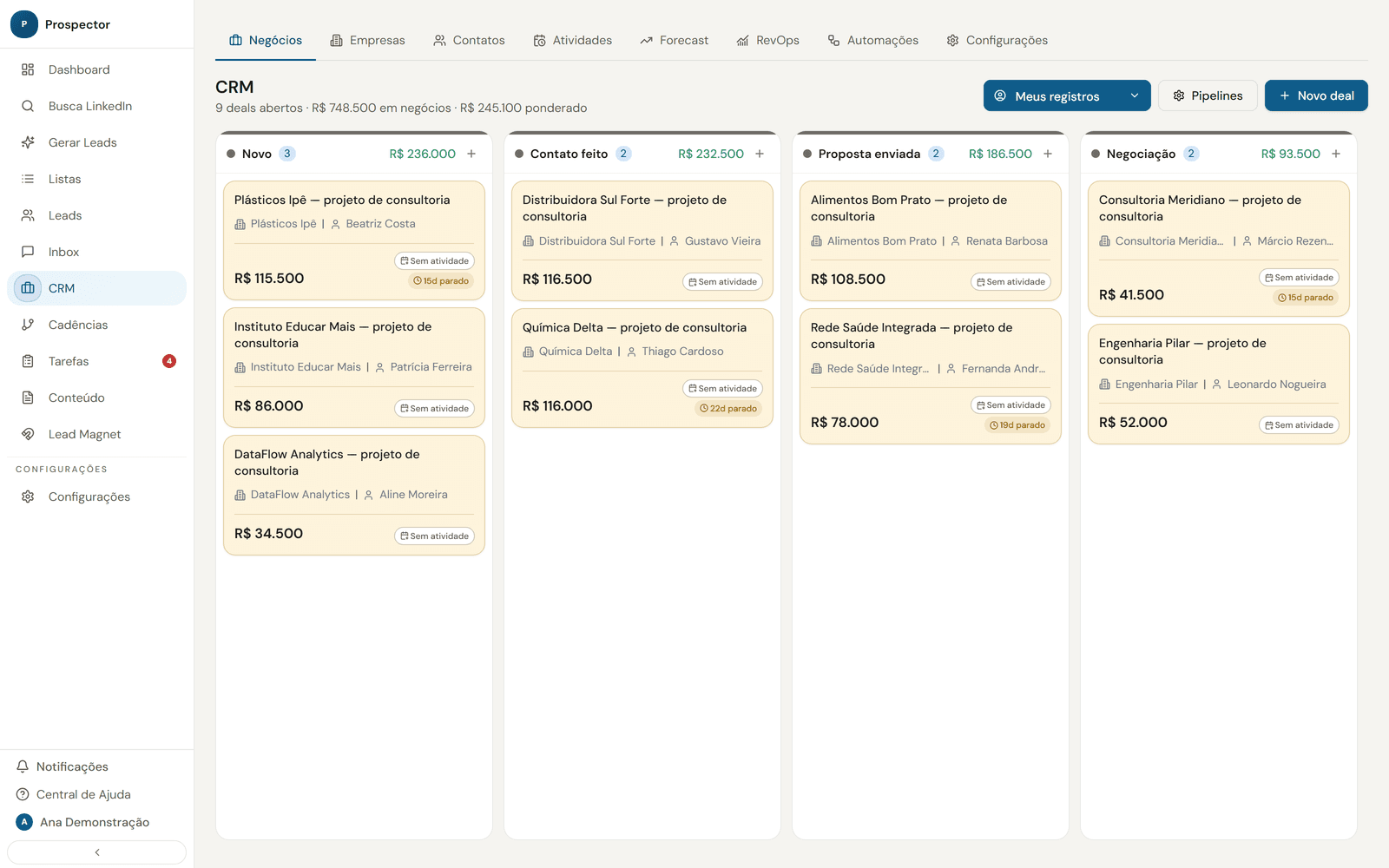 Funil do CRM do Prospector, com os negócios por etapa, o valor de cada um e o sinal de negócio parado