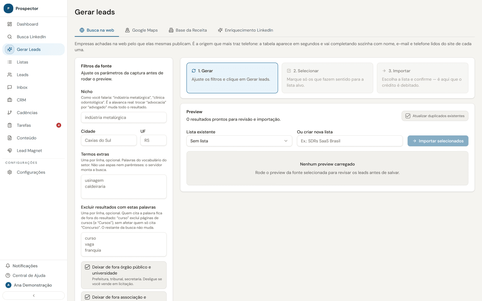 Tela de Gerar leads do Prospector, com as quatro origens em abas e os filtros da busca na web