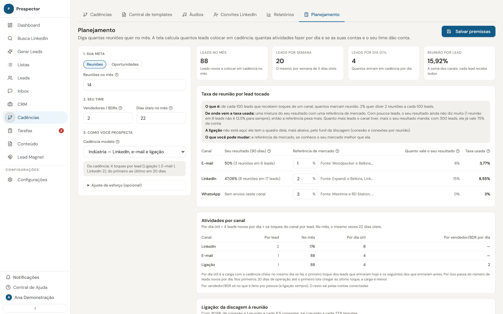 A aba Planejamento do Prospector, com as premissas à esquerda e os leads e atividades por dia à direita